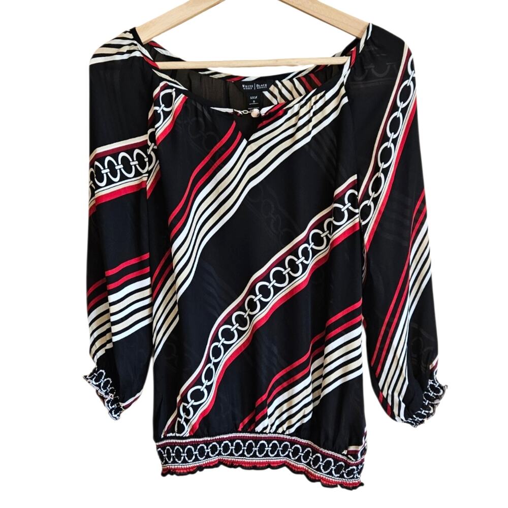 White House Black Market Size Small 100% Silk Chain Link Print Keyhole Blouse